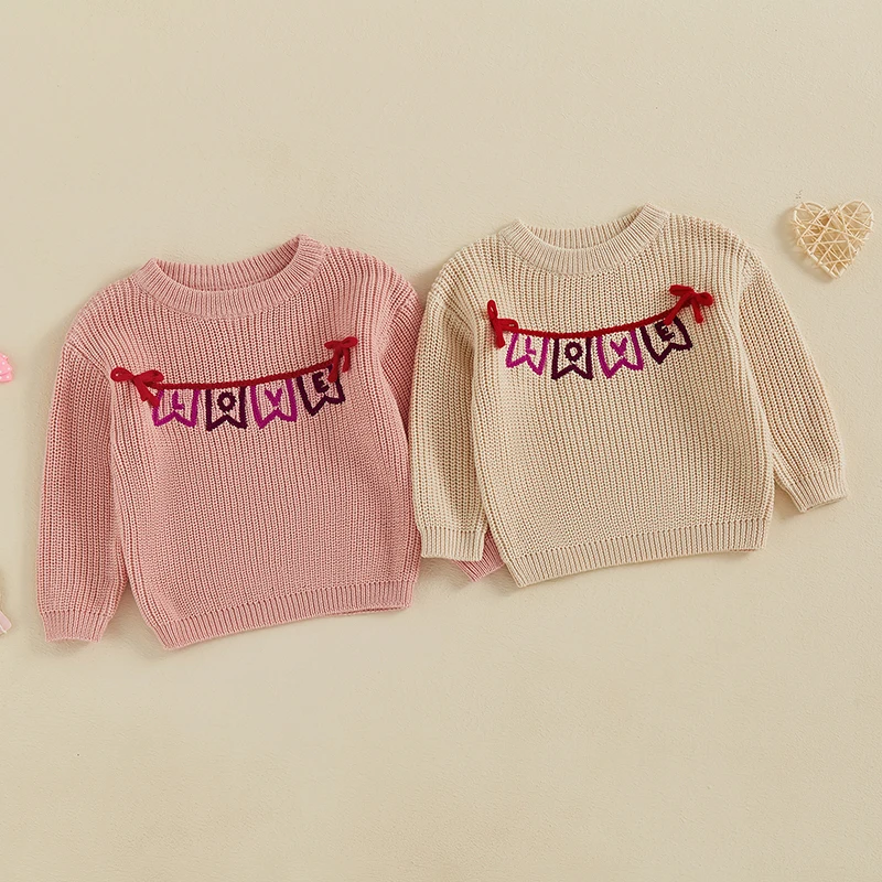 Infant Baby Girl Valentine’s Day Sweaters Long Sleeve Banner Garland Embroidery Knit Pullovers Jumper Tops Spring Knitwear