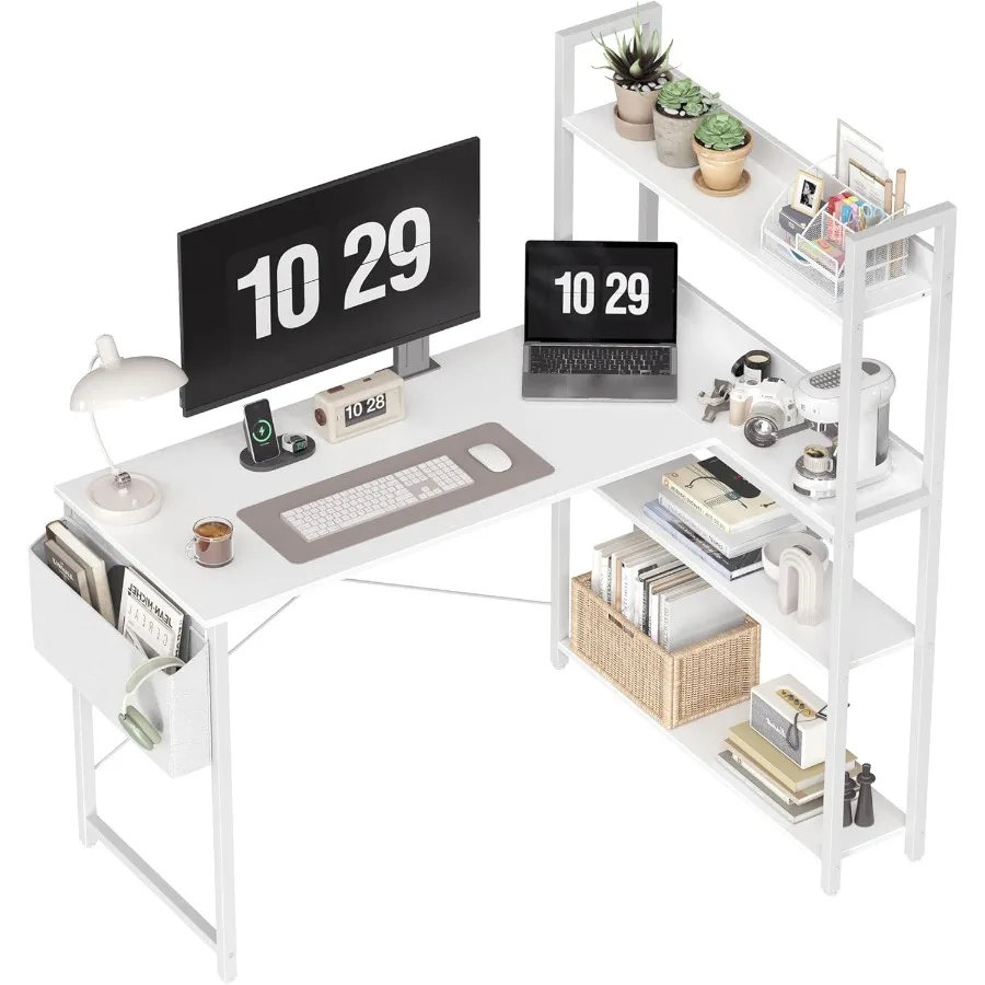 مكتب كمبيوتر على شكل حرف L مقاس 47 بوصة مع رف كتب مدمج ومساحة تخزين ومكتب زاوية للمكتب المنزلي أو غرفة النوم مثالي للكتابة #1