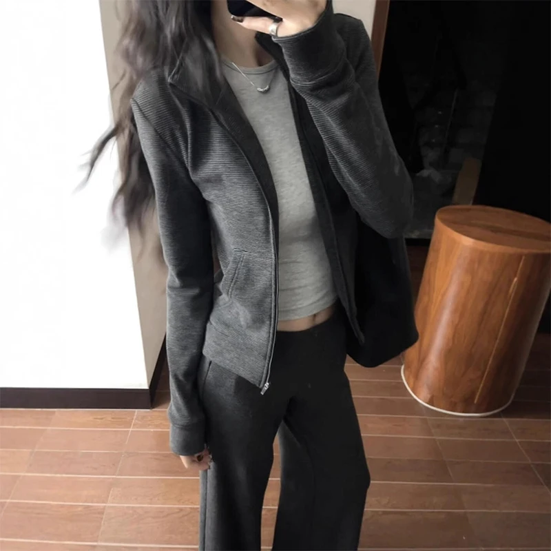 

Корейская повседневная спортивная куртка с капюшоном для женщин, осенняя тонкая модная элегантная куртка-свитер с полувысоким воротом, женская одежда
