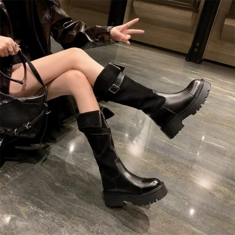 Autumn Winter Belt Buckle Ladies Knee High Shaft Shoes Y2k Designer Luxury Footwear Demi-season Gothic Goth Women's Long Boots - view 3