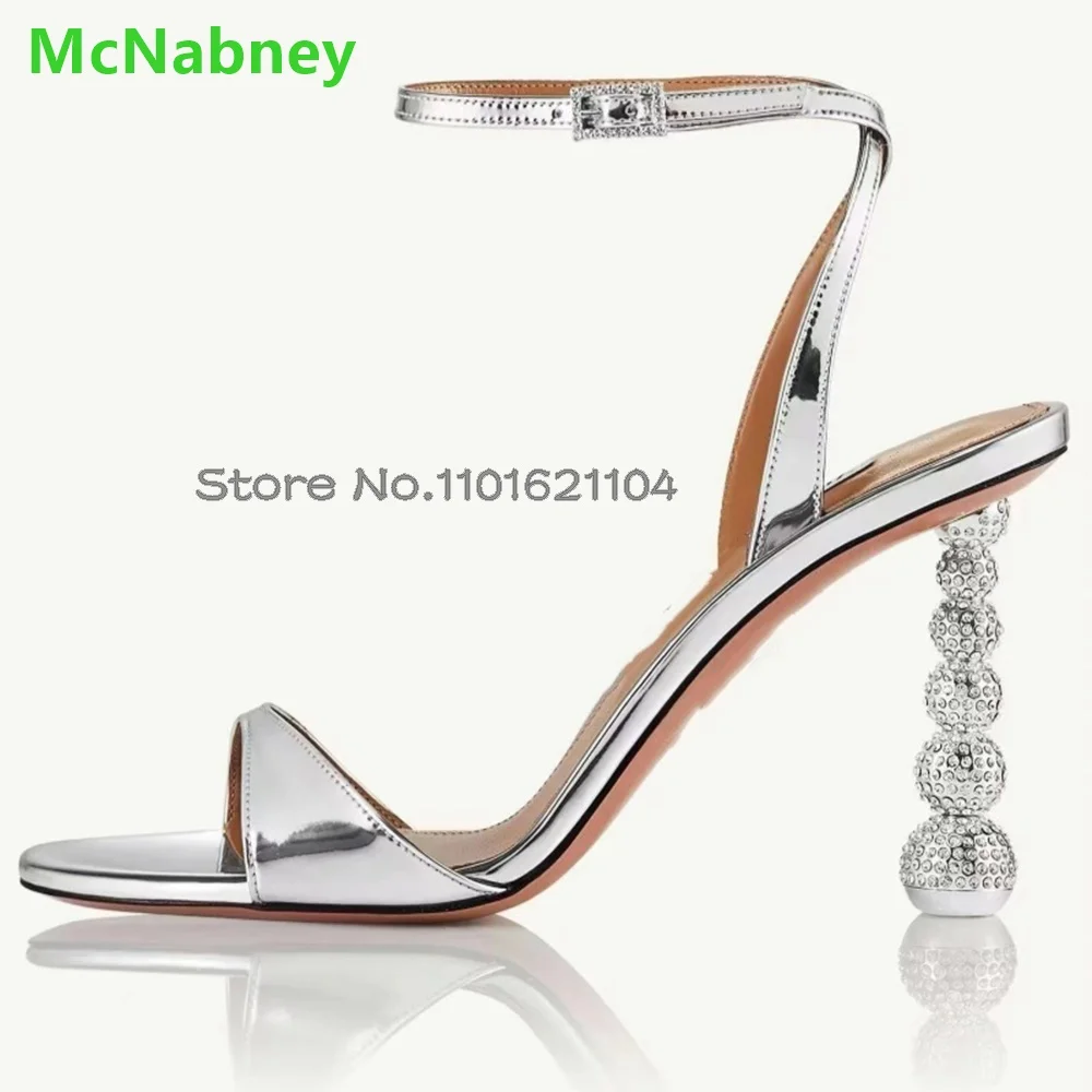 Round Toe Strange Crystal Sandals For Female Women 2024 New Slingback Ankle Buckle Strap Luxury Design Summer Fashion Shoes