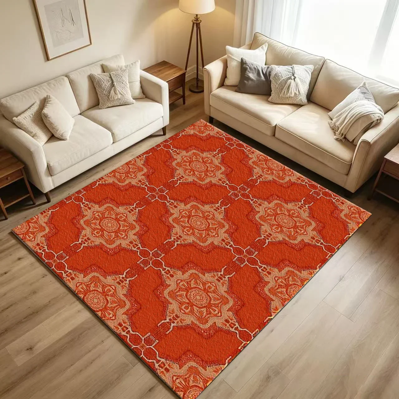 Bohemian Red Geometric Carpet Flooring Retro Ethnic Rhombus Ornament Repeating Pattern Printed Floor Rug for Household Living Sp