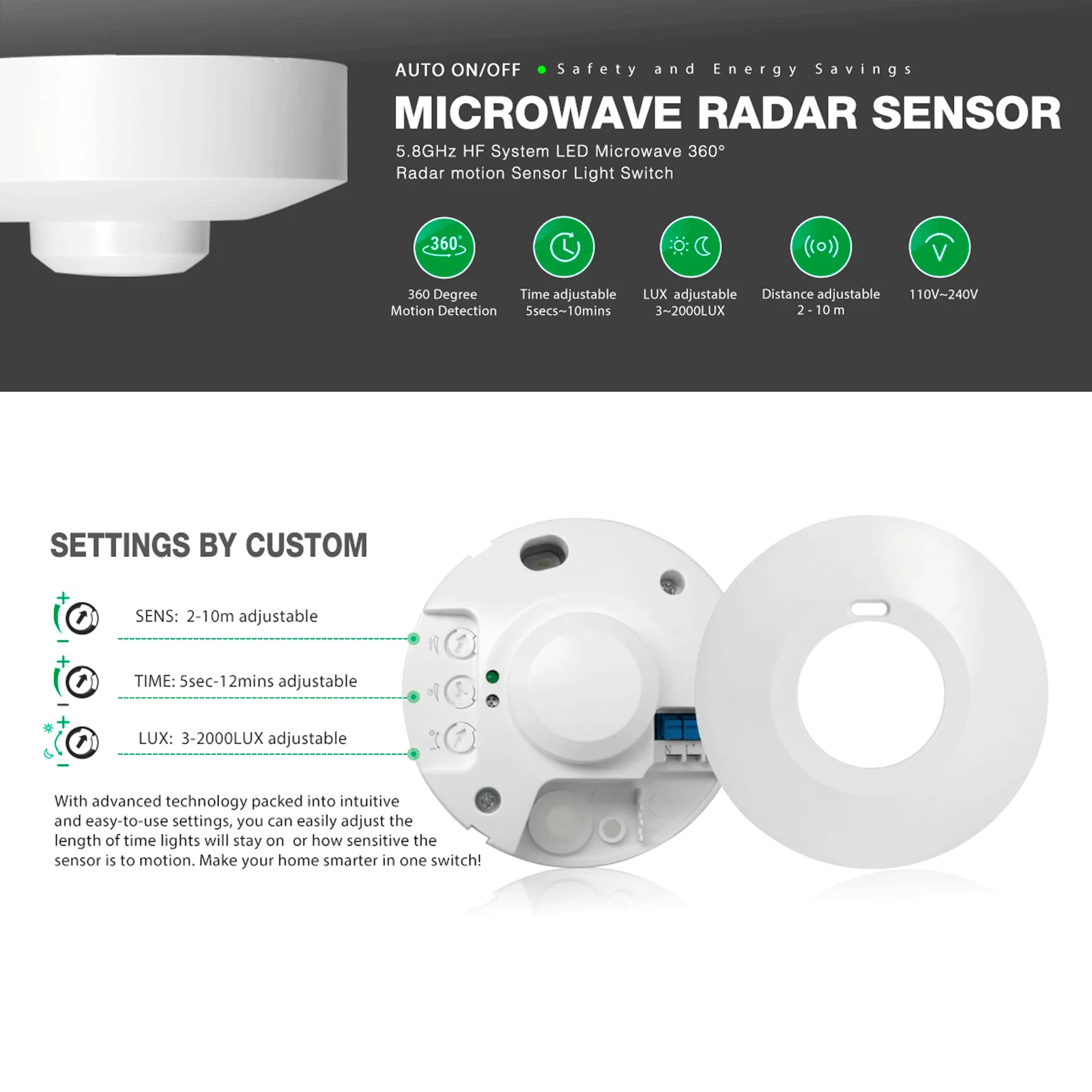 Montaggio a soffitto 220V 360 gradi sensore Radar a microonde movimento del corpo interruttore luce rilevatore HF