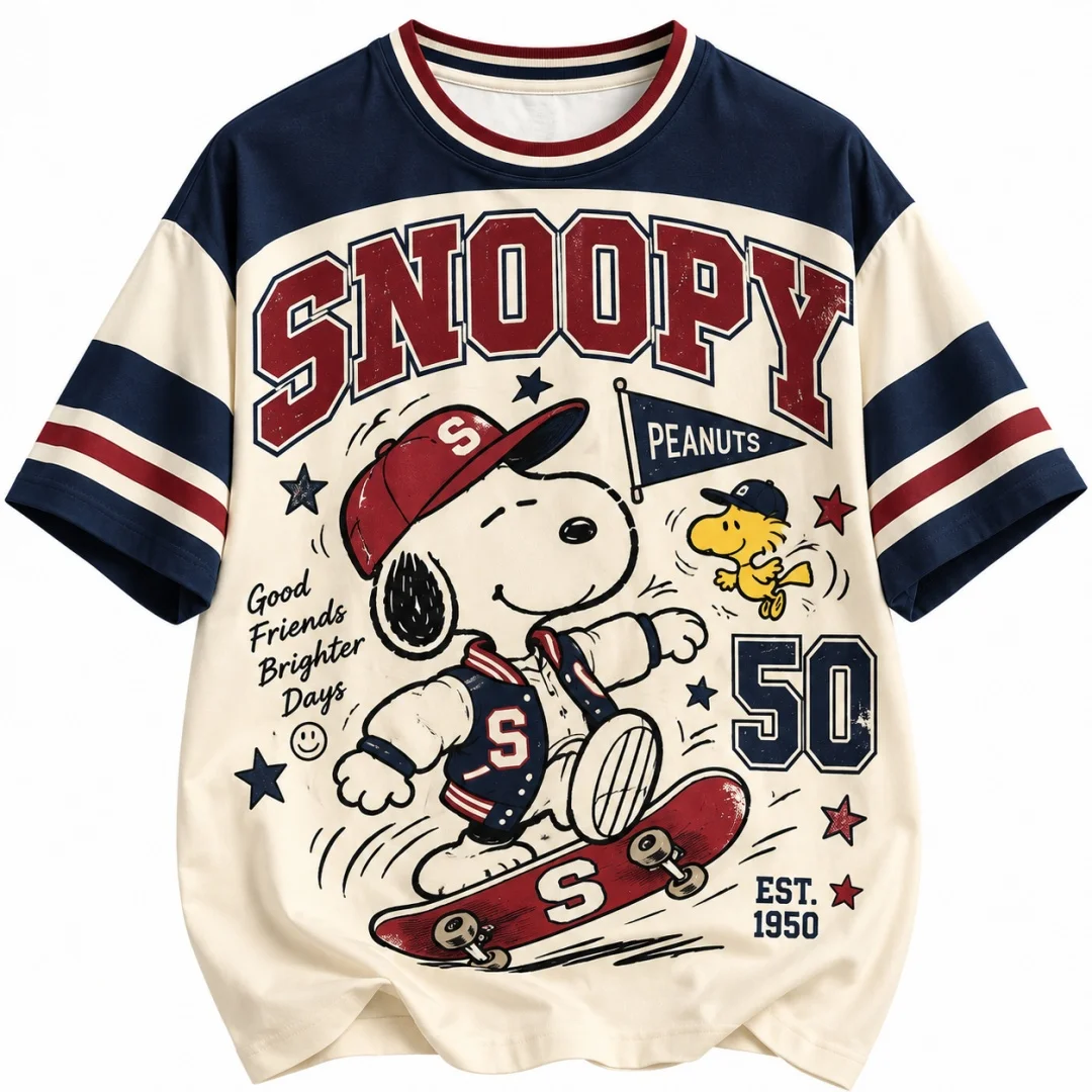 Snoopy Peanuts Vintage Varsity T-Shirt, Retro-Ärmel, Grafik, kurzärmeliges T-Shirt, Herren-, Damen- und Kinderbekleidung, Sommer, Y2k, Damen ﻿ – Detail 4
