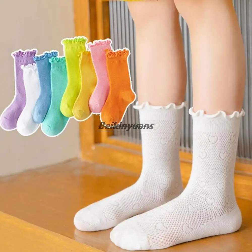 Girls socks spring and summer combed cotton mesh socks wood ear socks tide solid color baby piles of children socks