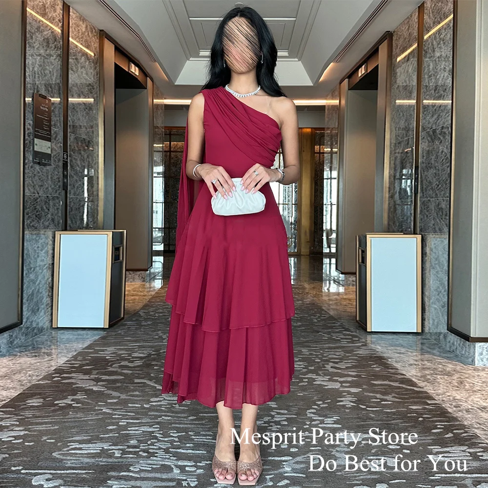 

Short Burgundy Prom Dress One Shoulder Sleeveless Pleat Tea Length Chiffon Formal Party Gown WOman Evening Dresses Bridesmaid