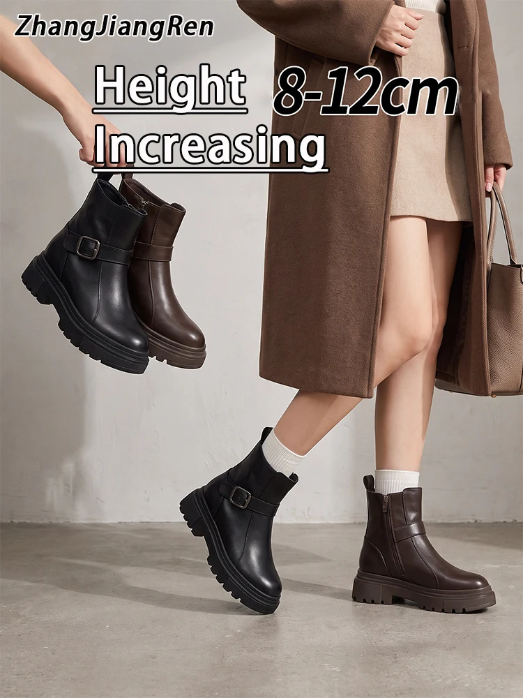 ZJR 8-12cm Women's Elevator Boots Invisable Height Increasing Shoes Genuine Leather Ankle Boots Cowhide Short Boot Lift Shoes