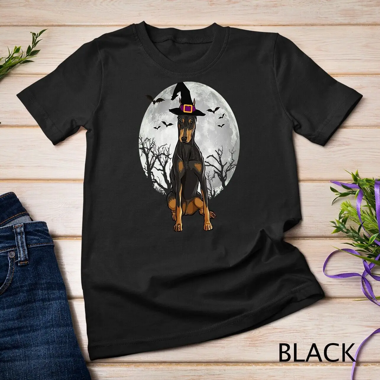 Scary Doberman Pinscher Dog Witch Hat Halloween Unisex T-shirt