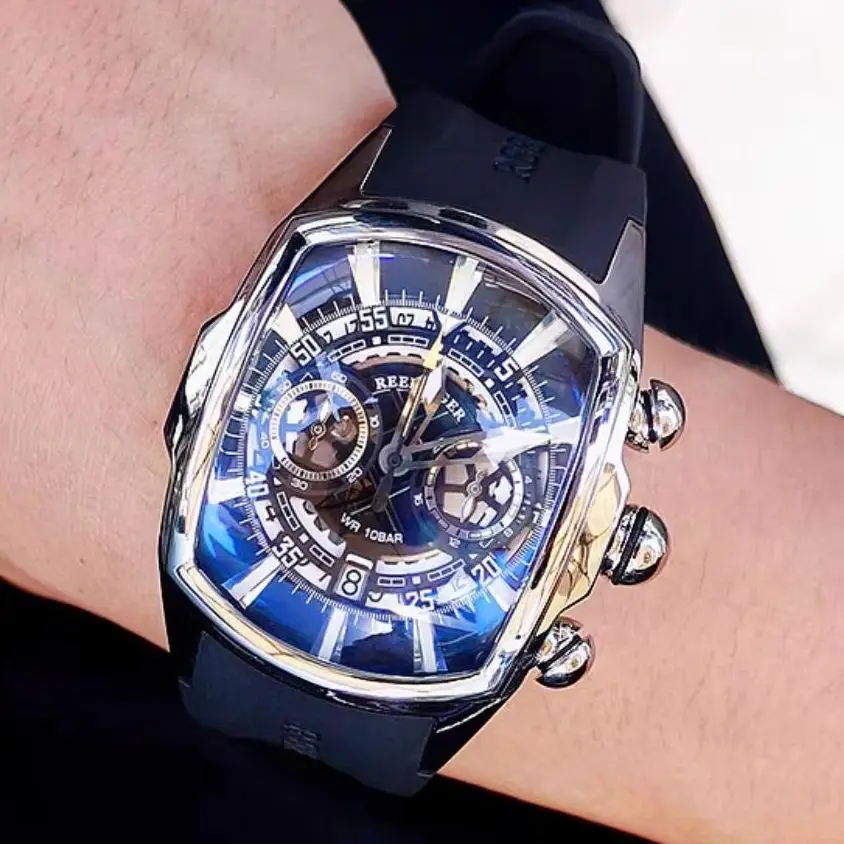Reef Tiger Men Chronograph Watch Tonneau Quartz Wristwatch Luminous 100M Waterproof Sport Bubble Mirror Rubber Strap