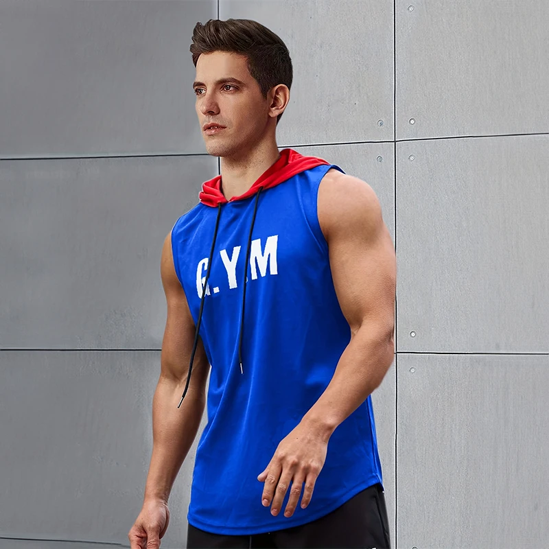 2024 New Men's Sleeveless Hooded Bottom Shirt Fitness Sports Tops Fashion Casual Loose Hoodie Running Fitness Men's Tank Top