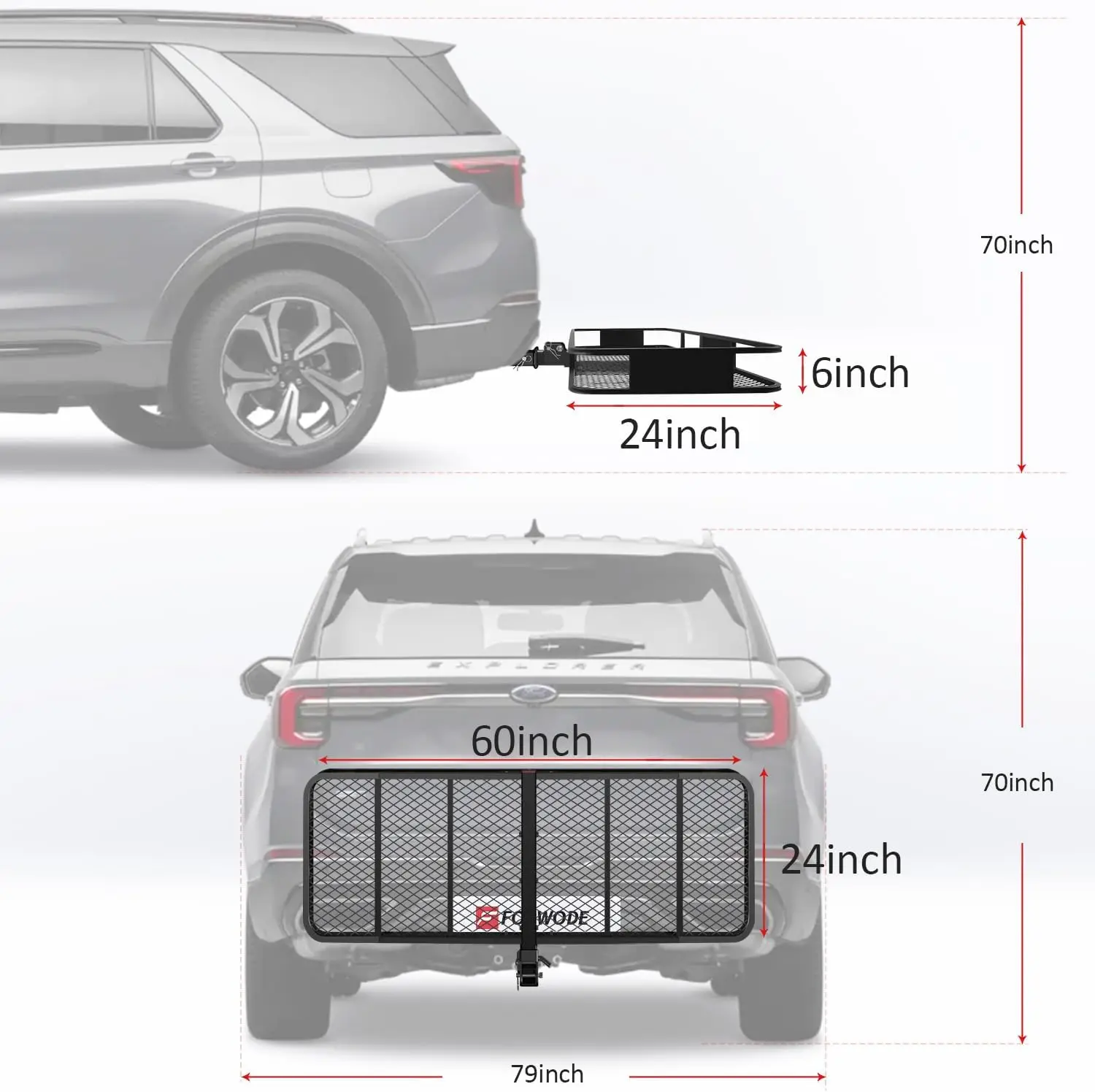 60x24x6  Cargo Carrier for 2 Inch Receiver, 500LB Capacity Hitch Mount Cargo Rack Carrier, Folding Hitch Cargo Basket with