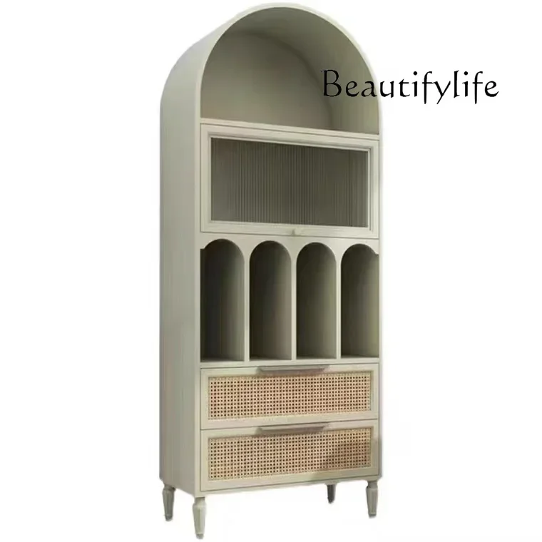 American solid wood bookcase Nordic dining side light luxury floor bookshelf French retro arched decorative cabinet