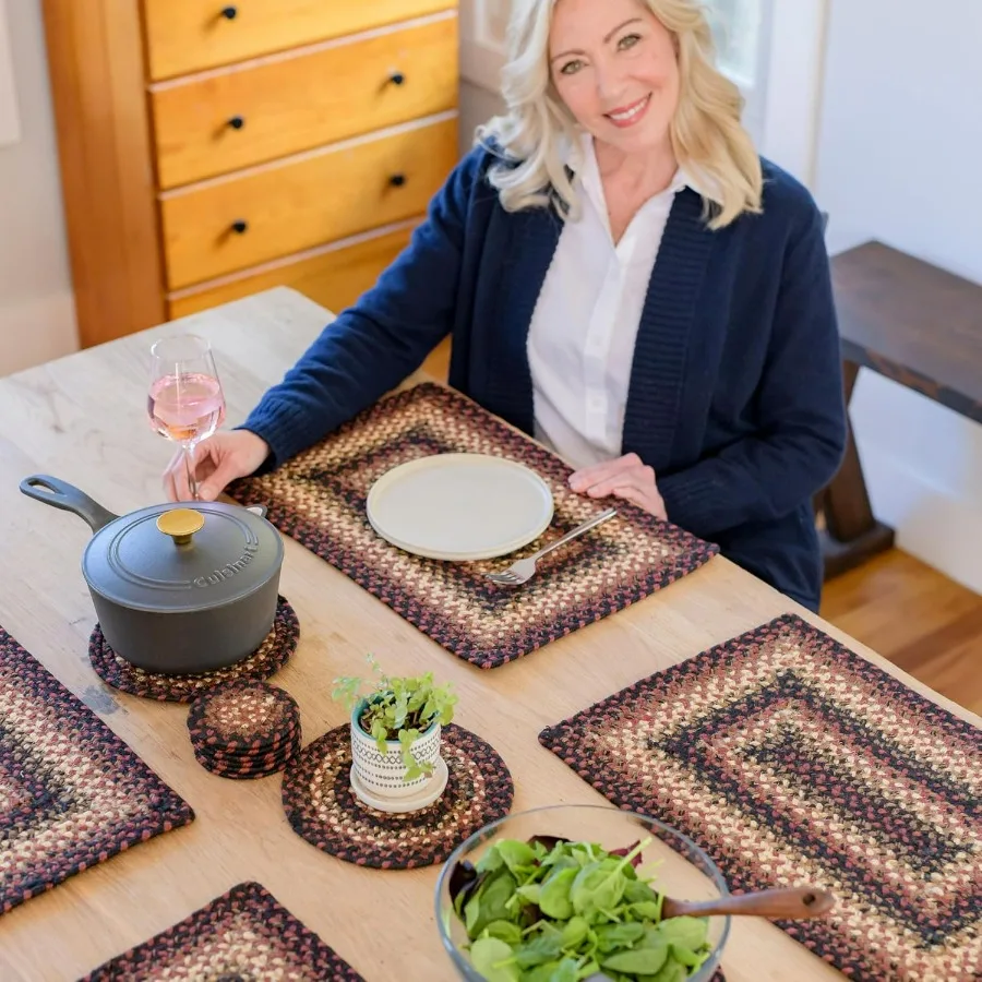 

Prescott Jute Woven Round Placemats Set of 6 15 for Dining Room Tables Country Primitive Decor Style with Bold Black and Red Pa