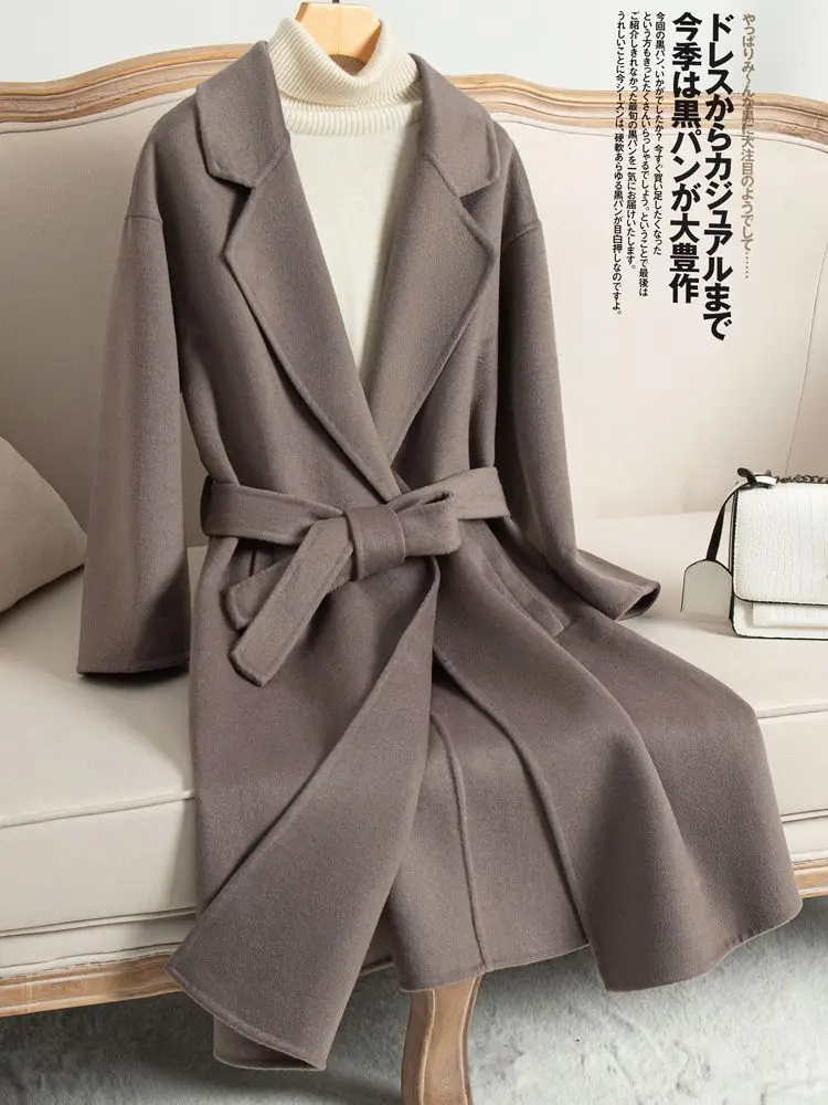 

Осень-зима 202, новая двусторонняя кашемировая куртка, женское длинное пальто, темпераментное шерстяное пальто, женская верхняя одежда верблюжьего цвета