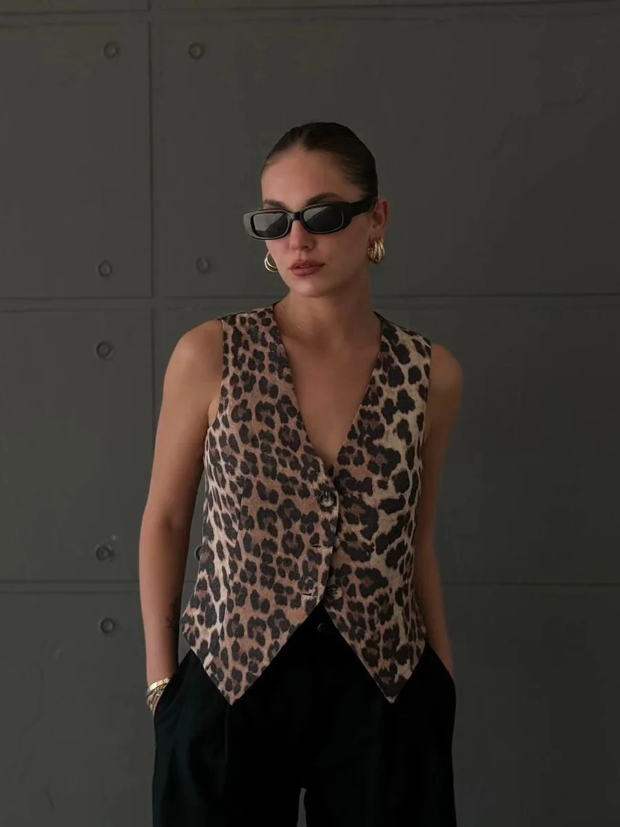 

Women New Euro Style V Neck Leopard Print Breasted Short Vest Jacket Ladies Retro Cardigan Slim WaistCoat Tops