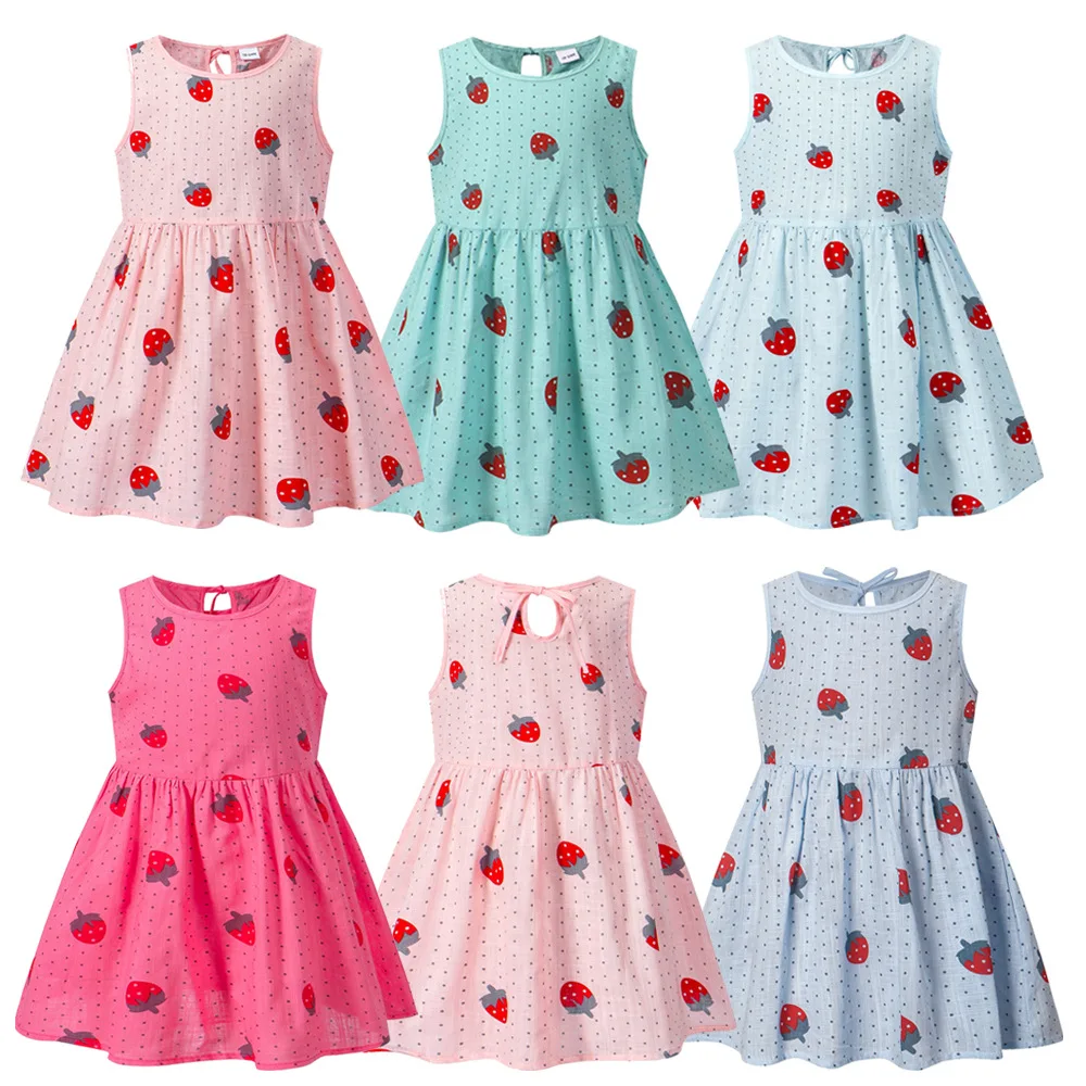 

2023 Spring Summer New Baby Girls Vest Dress Kids Sleeveless Korean Print Dress Sweet Girl Cotton Linen Princess Dress 6M-6Y