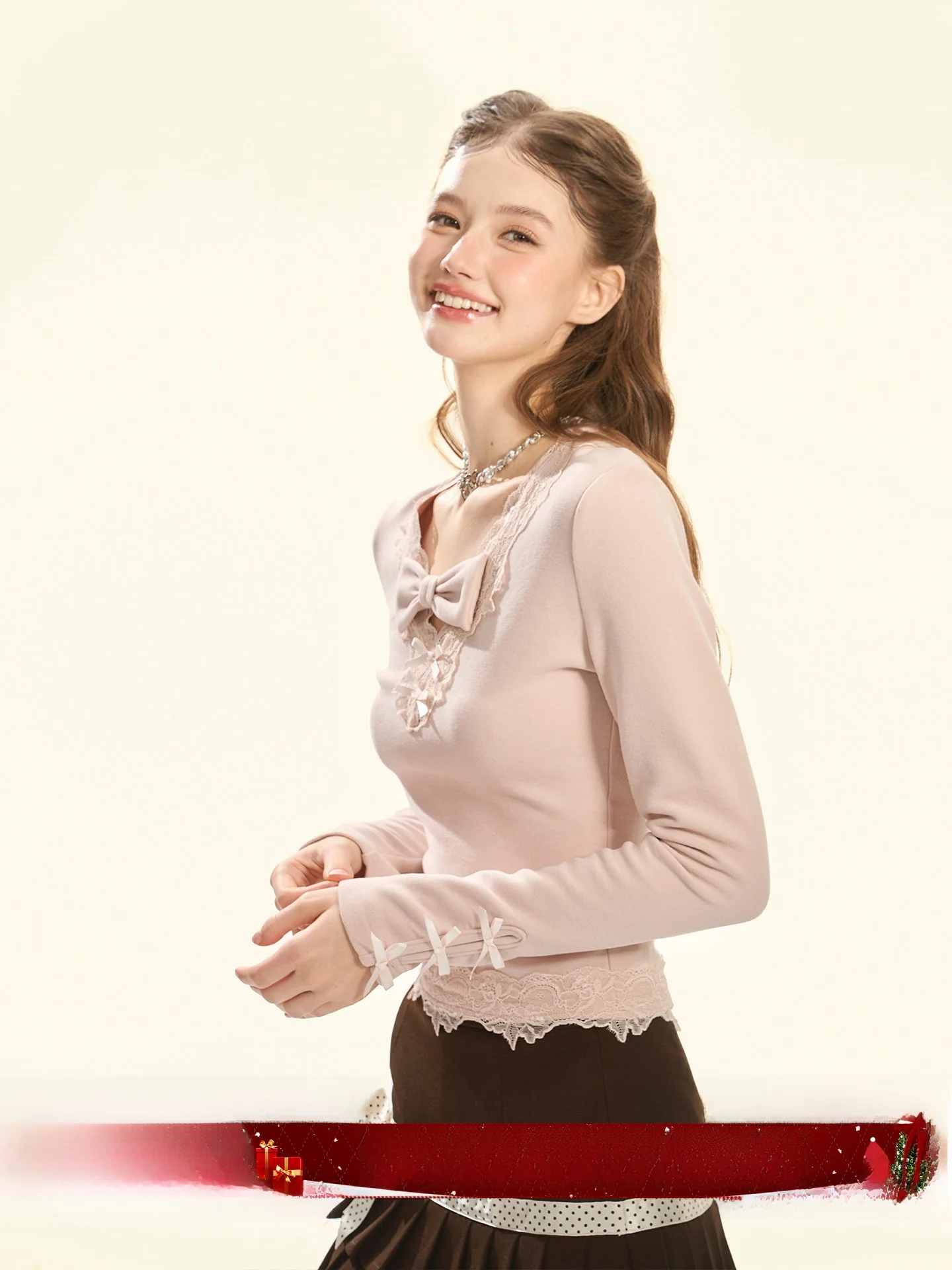 

Женский теплый вязаный топ GirlyFancyClub с розовым бантом, облегающий, из мягкого флиса, с длинным рукавом, базовый слой/верхняя одежда