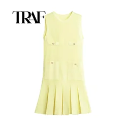 TRAF Summer Women Yellow Hem Pleat Knit Mini Dress Front Pockets Round Neck Sleeveless Dresses Sexy Vestidos