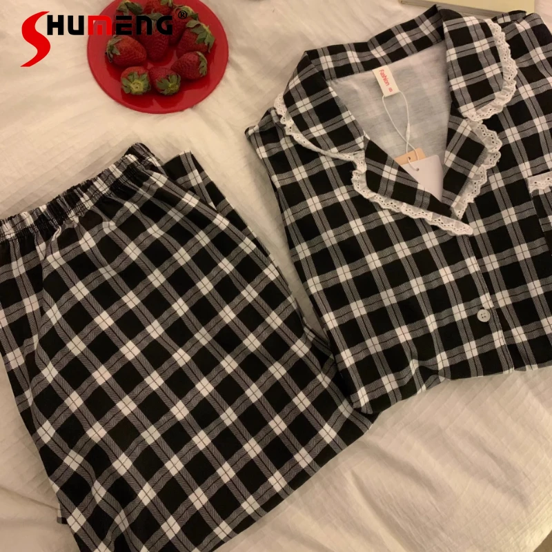 

Korean Style Striped Plaid Cotton Pajamas for Women Spring and Autumn Long Sleeve Loungewear Female Long Pants Set Spring