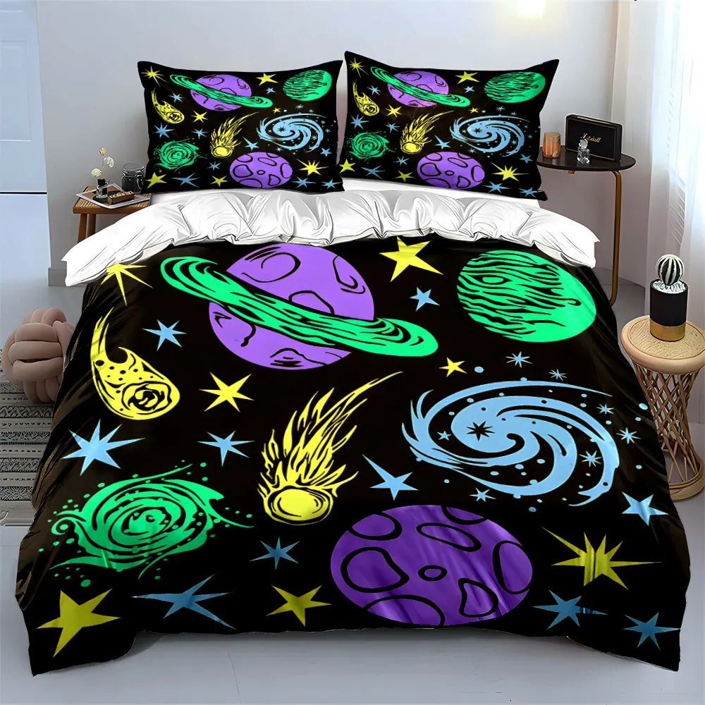 Colorful planets and cosmic elements Pattern Duvet Cover Set Digital Print Colorful Polyester Bedding with Zipper Closur 3
