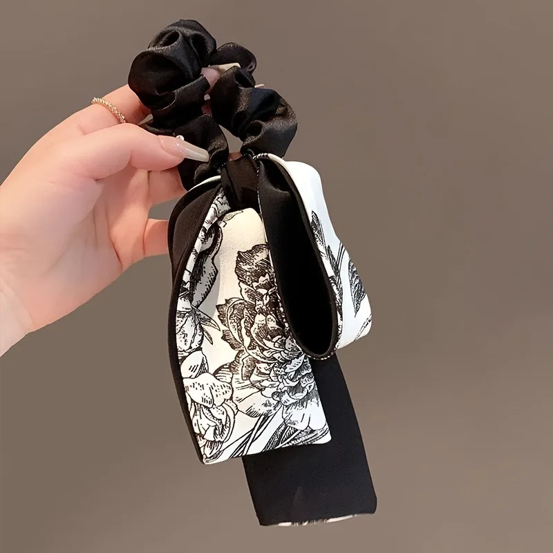 Black Velvet Retro Art Black White Printed Long Ribbon Hairband Bow Shaped Women Curling Elegant Fashion Versatile Decorative image 2