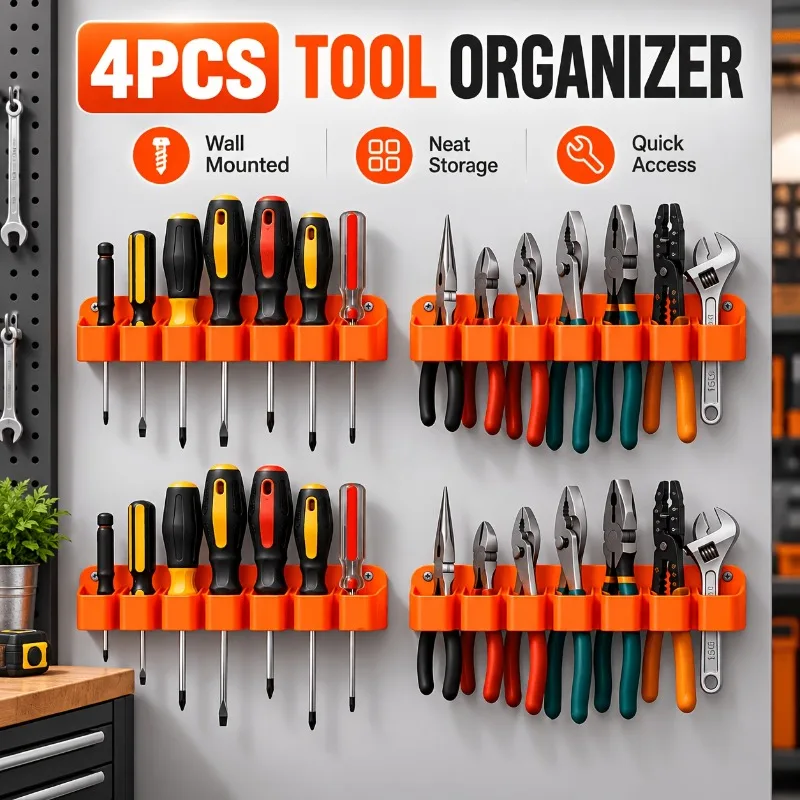4pcs Orange 7-Slot Wall-Mounted Screwdriver and Pliers Storage Rack, Compatible with Garage Tool Sorting Rack