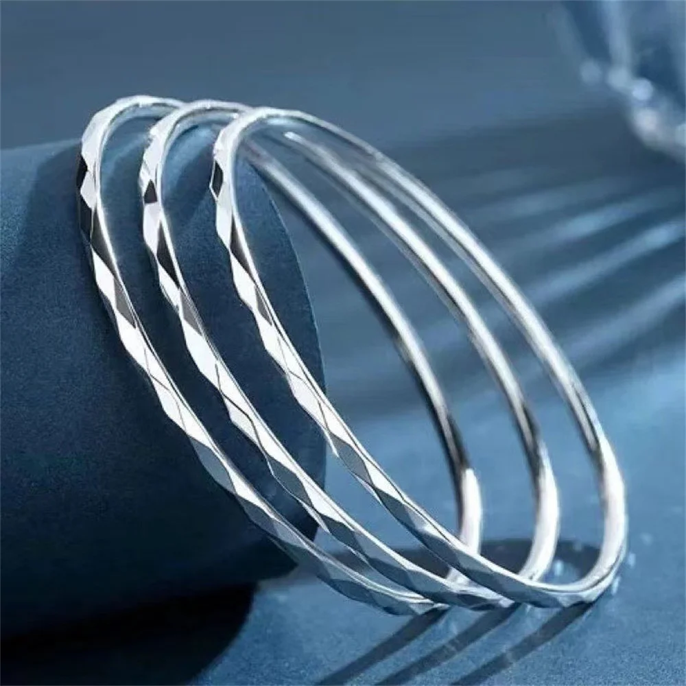 999 Sterling Silver 3‑Piece Set Thin Closed Stackable Fixed‑Size Women Bracelet Set Shiny Fashion Personalized Jewelry Gift
