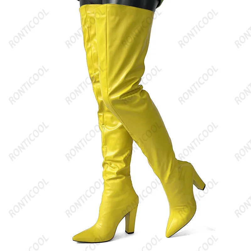 Ronticool Handmade Women Winter Thigh Boots Faux Leather Chunky Heels Pointed Toe Orange Club Shoes Us Plus Size 5-15 image 2