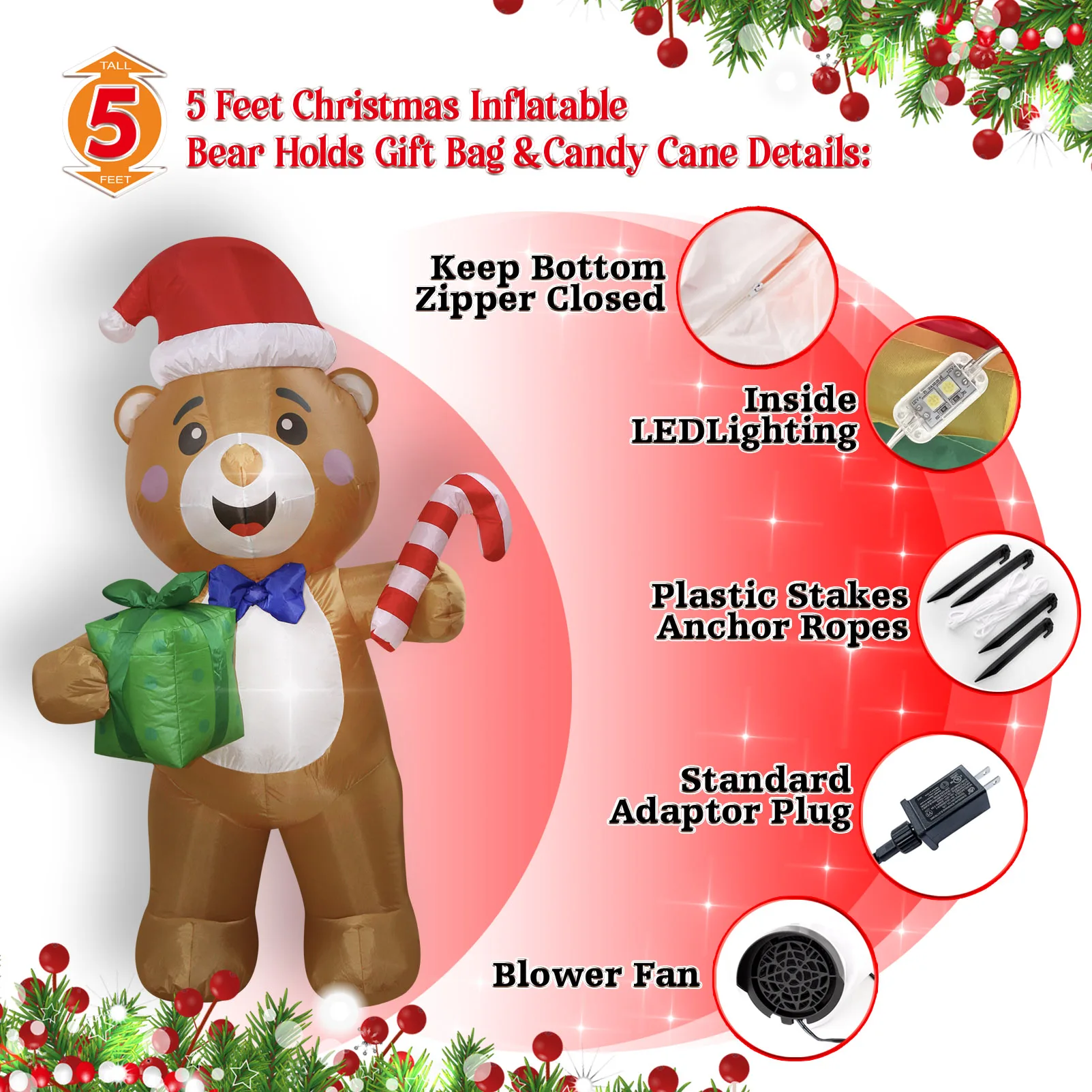 1.5m Christmas Inflatable Bear Holding Gift Bag LED Lighted Blow Up Outdoor Yard Lawn Decoration for Home Garden Winter Holiday