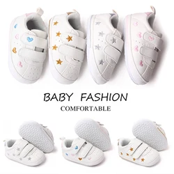 Baby White PU Sneaker Non-slip for Toddler Boys and Girls Cute Embroidery Stars and Hearts