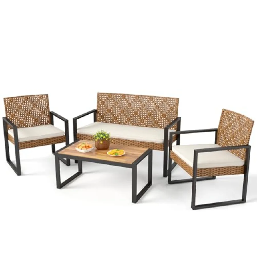 

PHI Patio Furniture Set for 4 Rattan Loveseat Chairs with Beige Cushions Acacia Wood Coffee Table Outdoor Modern S