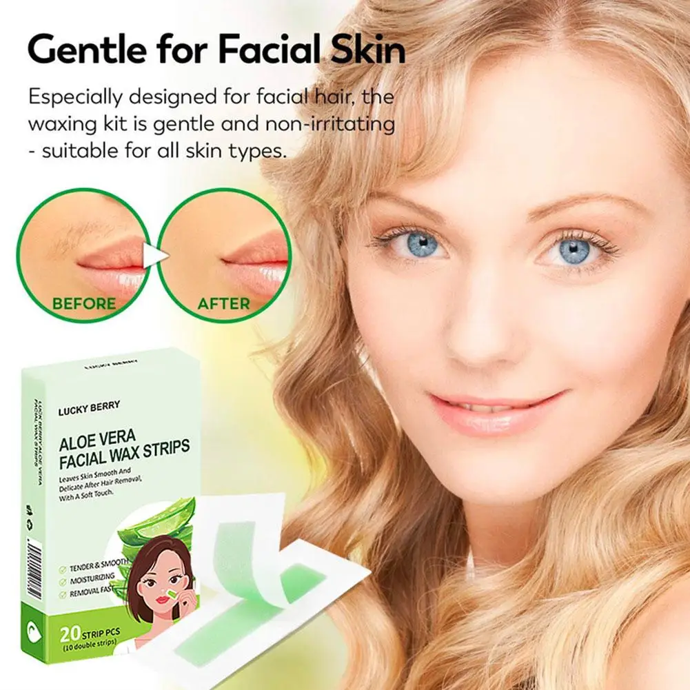 20PCS Aloe Vera Facial Wax Strips Gentle & Painless Hair Removal Strips for Upper Lip/Eyebrow/Chin Smooth Skin for Women