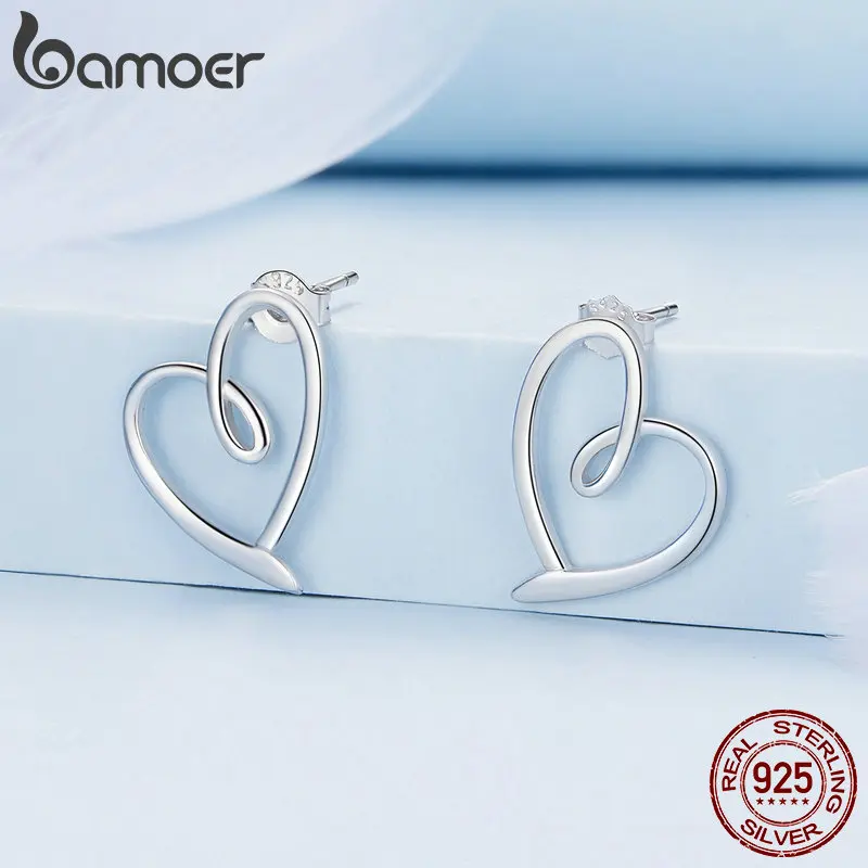 BAMOER 925 Sterling Silver Minimalist Line Heart Stud Earrings Geometric Love Earrings for Women Simple Fine Jewelry Gift BSE871