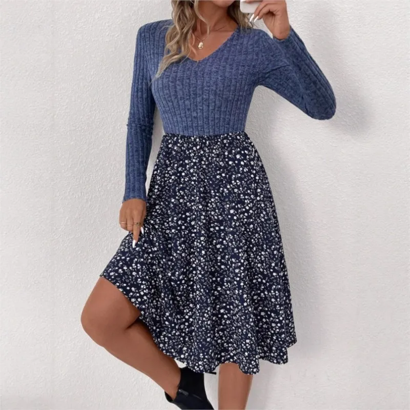 2025 가을 겨울 여성용 플로럴 V넥 스플라이싱 보헤미안 드레스 우아한 긴팔 바디콘 탑 드레스 여성 패션 베스티도스