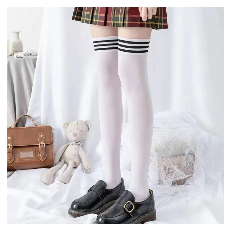 Chaussettes rayées noires et blanches pour femmes, Lolita, Cuissardes, Bas, Mince, Fille, Jambe longue, Mignon, Doux, Kawaii