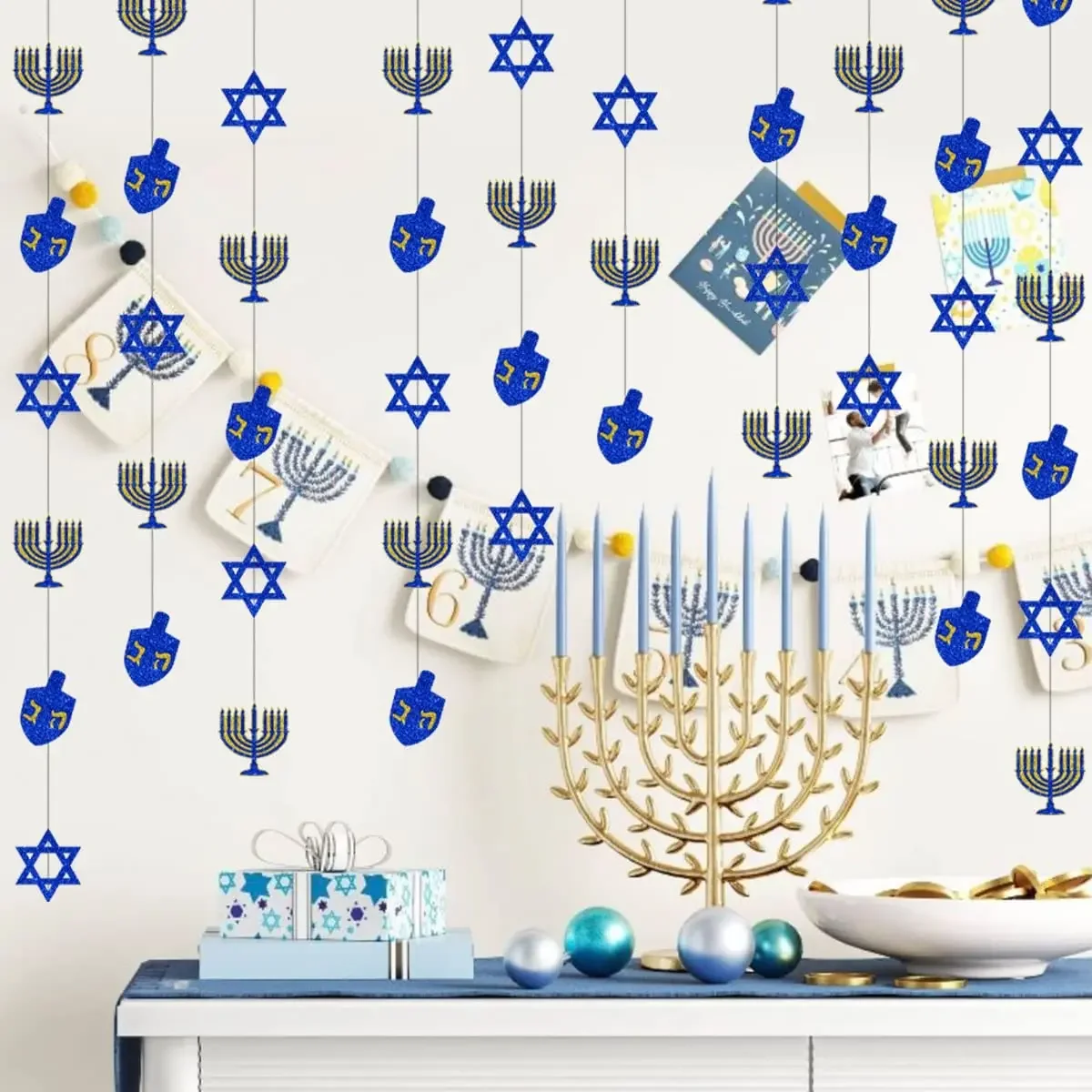 Happy Hanukkah Hanging Garland with Dreamer, Menorah, Hexagon, Jewish Festival, Party Streamers