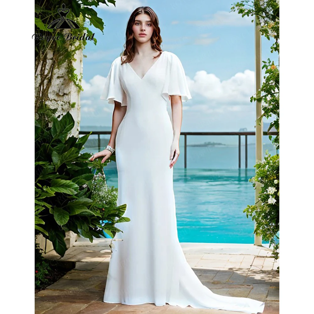 Roycebridal decote em v simples cetim sereia vestido de casamento para mulher 2025 pétala manga varredura trem personalizado vestidos de novia boda