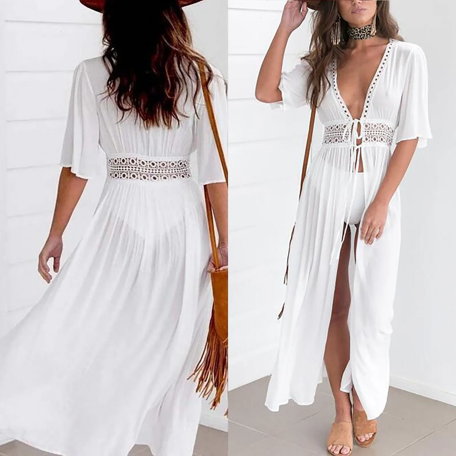 Summer 2024 Sexy Hollow Out Beach Tunic Pareo White V Neck Cover Up Long Dress Bikini Cover Up Swimwear Strój kąpielowy Strój plażowy