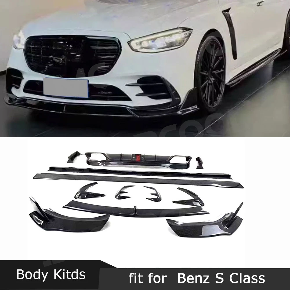 For Benz S Class W223 S450 S500 Sport 2021-2023 Front Lip Rear Diffuser With LED Splitters Side Skirts Outlet Canards Fender FRP