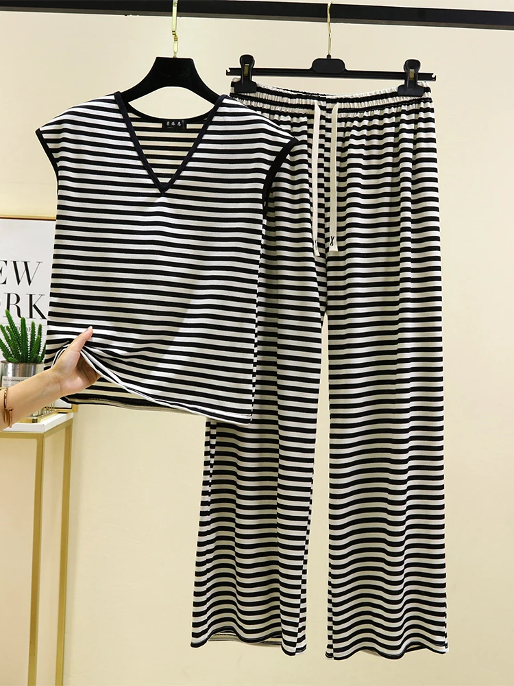 

Summer Thin V-Ne Tank Top And Pants Set Women's Casual Home Clothes Svel Large Size Spwear Two-Piece Set