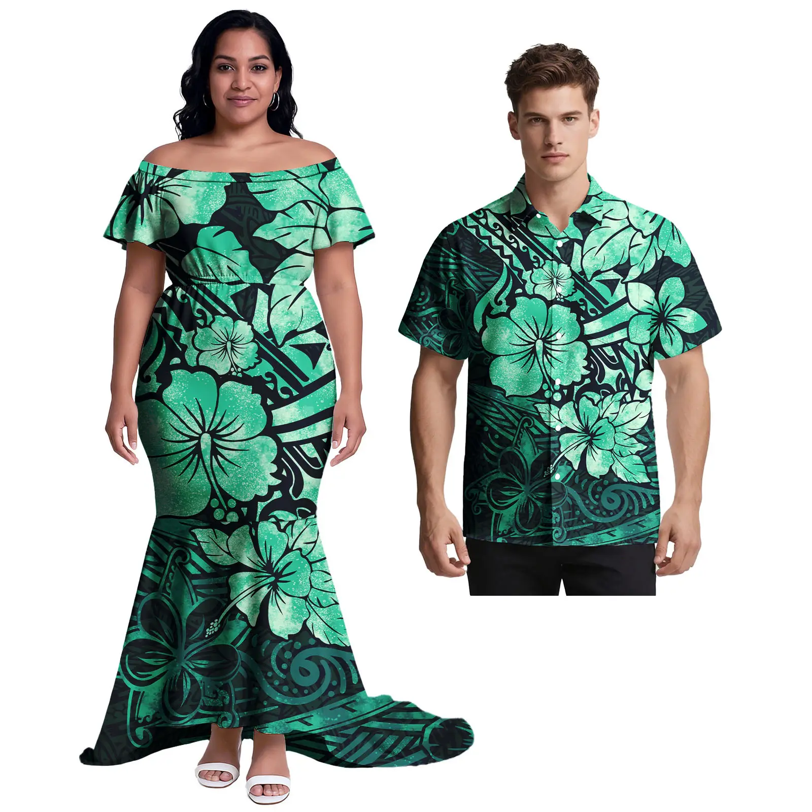 فستان حورية البحر قميص هاواي صيفي للزوجين Monstera Leaf Island Print Aloha قميص ذيل السمكة تنورة بولينيزية للزوجين ملابس متطابقة