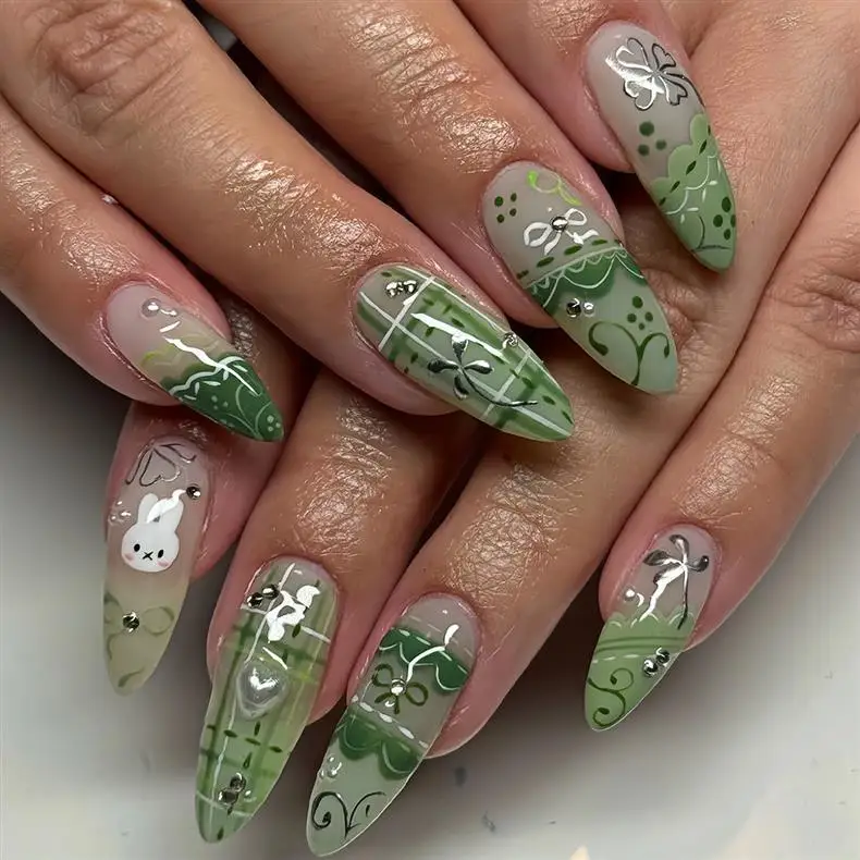 24PCS Sweet Green Flower Almond Press on False Nails Cute Cartoon Rabbit Bow Plaid Stiletto Fake Nails for Women Simple Ins Nail