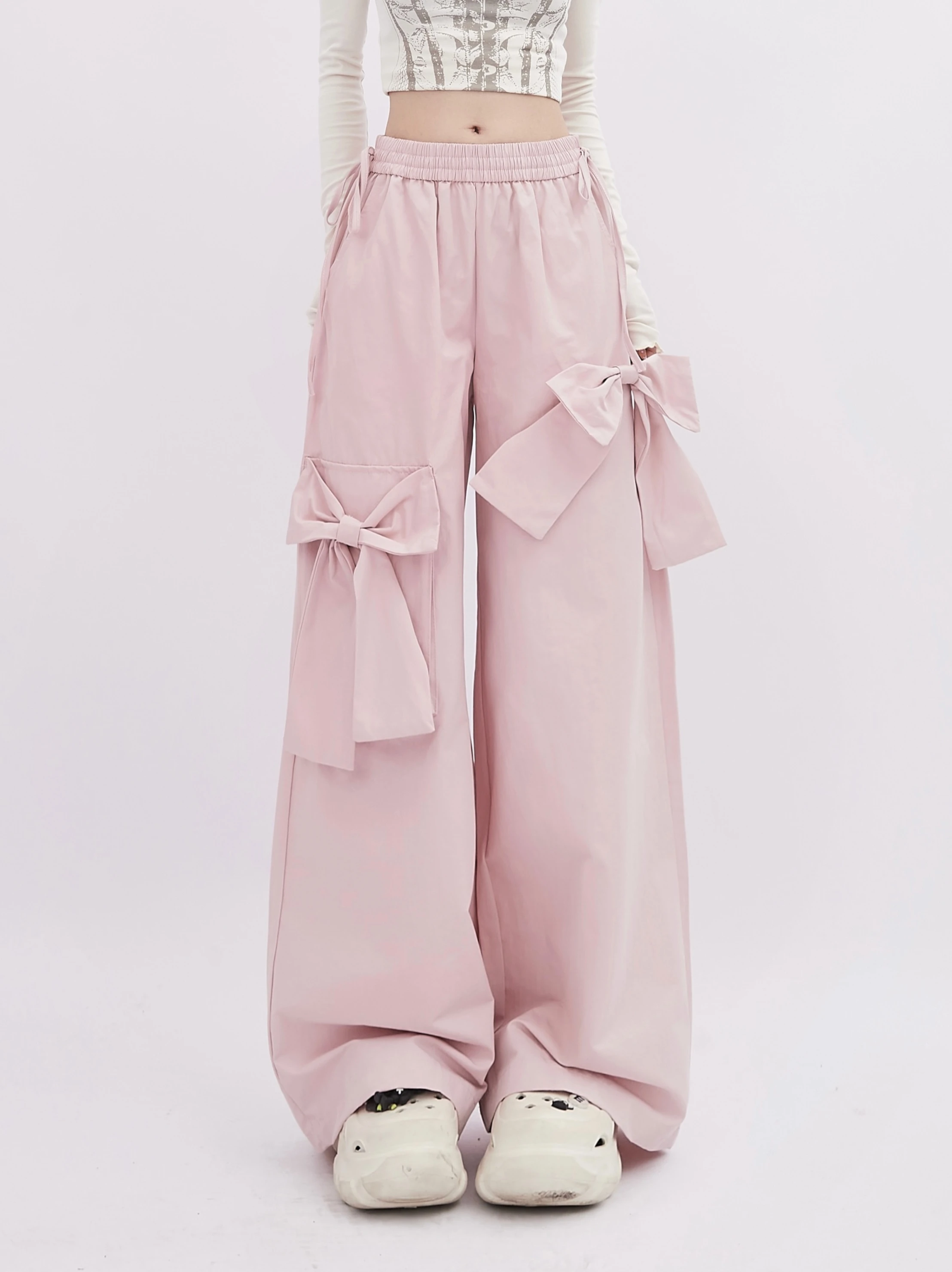 Calça feminina feminina casual rosa doce, laço de emagrecimento solto, perna larga, calça elegante, nova moda, Y2K, primavera 2022