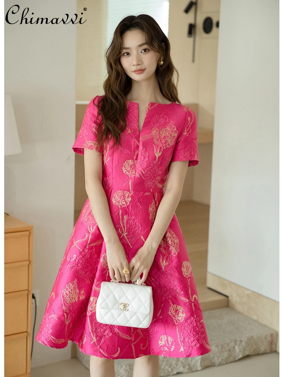 

Socialite Luxury Jacquard Embroidery Rose Red Dress New 2024 Autumn Ladies High-End Temperament Mid-Length Party Dresses Women