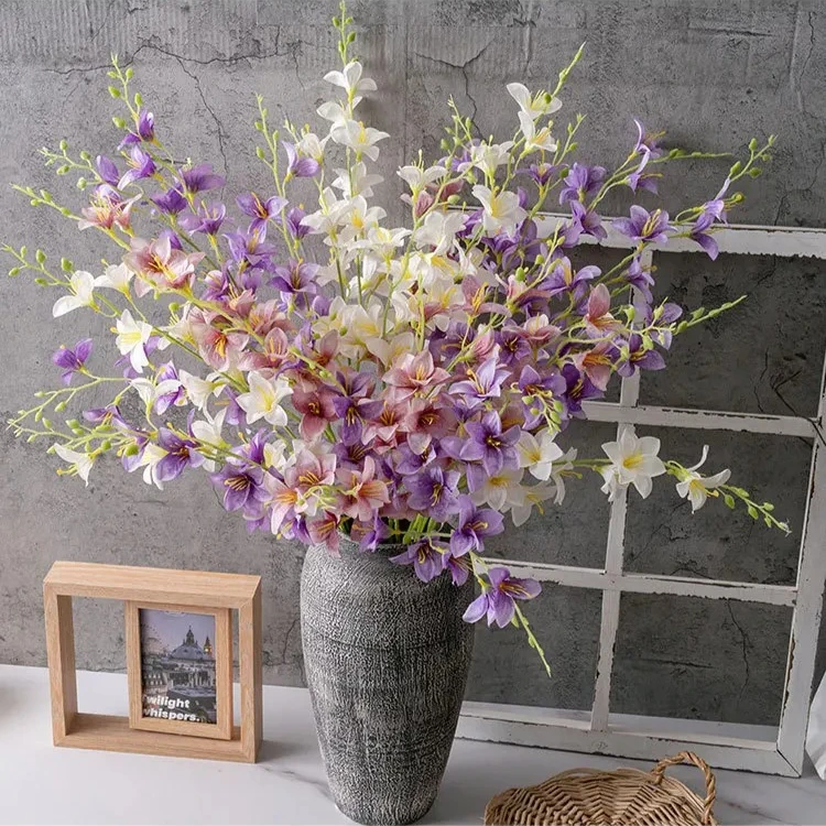 10Pcs Artificial 2Forks Freesia Orchid Flowers for Home Room Decoration Wedding Flower Arrangement Fake Flowers Party Floral