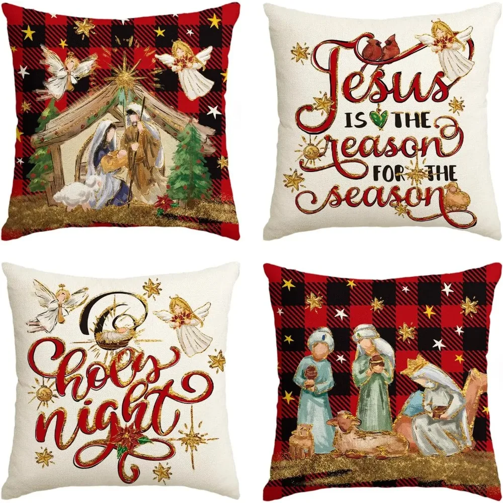 Christmas O Holy Night Jesus Cardinal Buffalo Plaid Throw Pillow Covers 18X18 Inch Christmas Winter Holiday Cushion Cases 4 Pcs