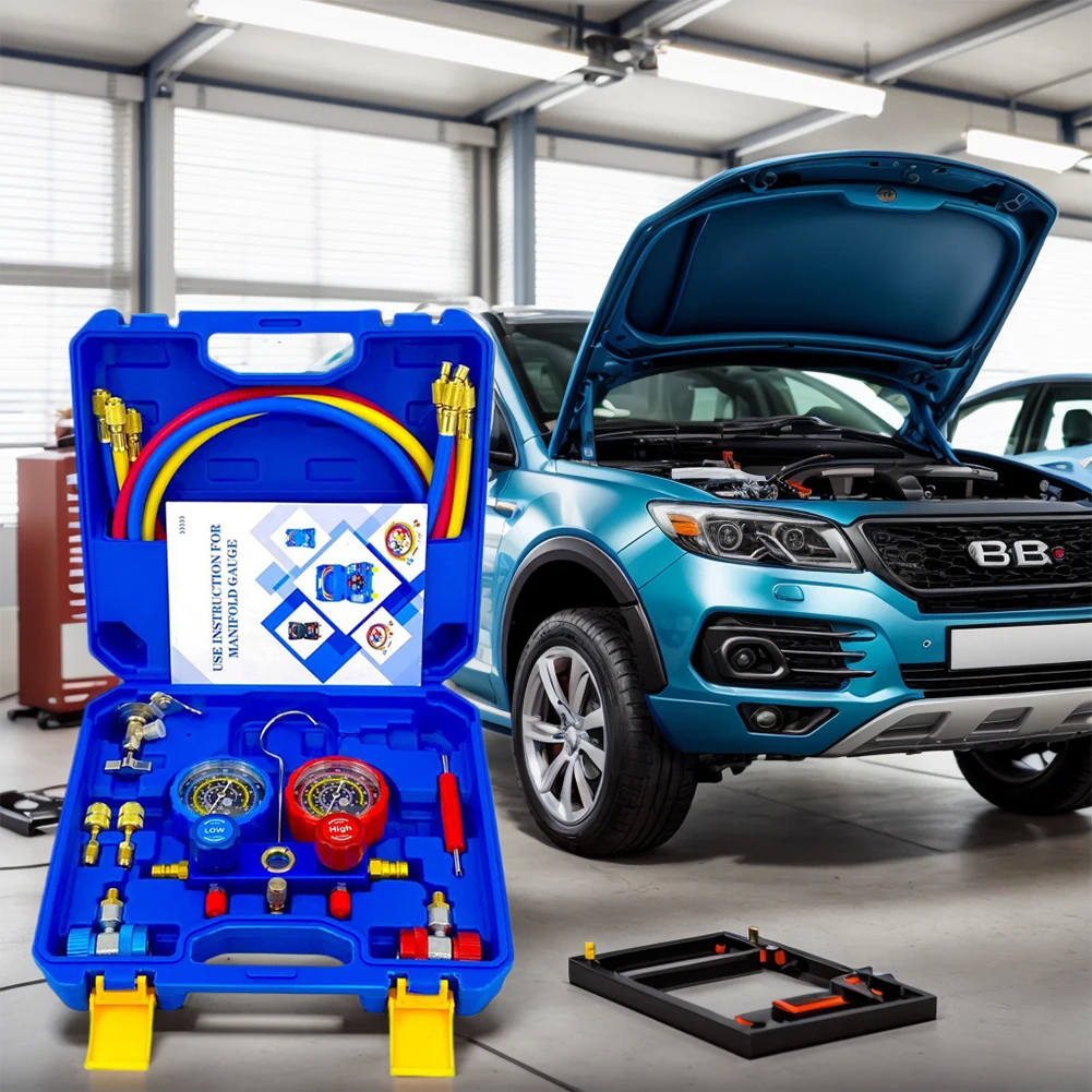 Set Manifold Gauge AC 3 Jalur dengan Selang 1.2m, Set Manifold Gauge AC untuk Pengisian Freon R134A/R22/R410/R404