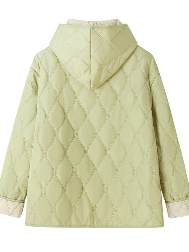 Lightweight down cotton jacket women in autumn and winter fashion diamond patterned warm lamb wool hooded cotton jacket