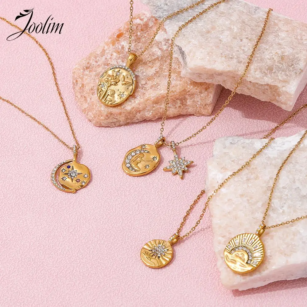 Joolim Jewelry Wholesale No Fade Elegant Vintage Crescent Star Sun Burst Zirconia Pendant Stainless Steel Necklace for Women