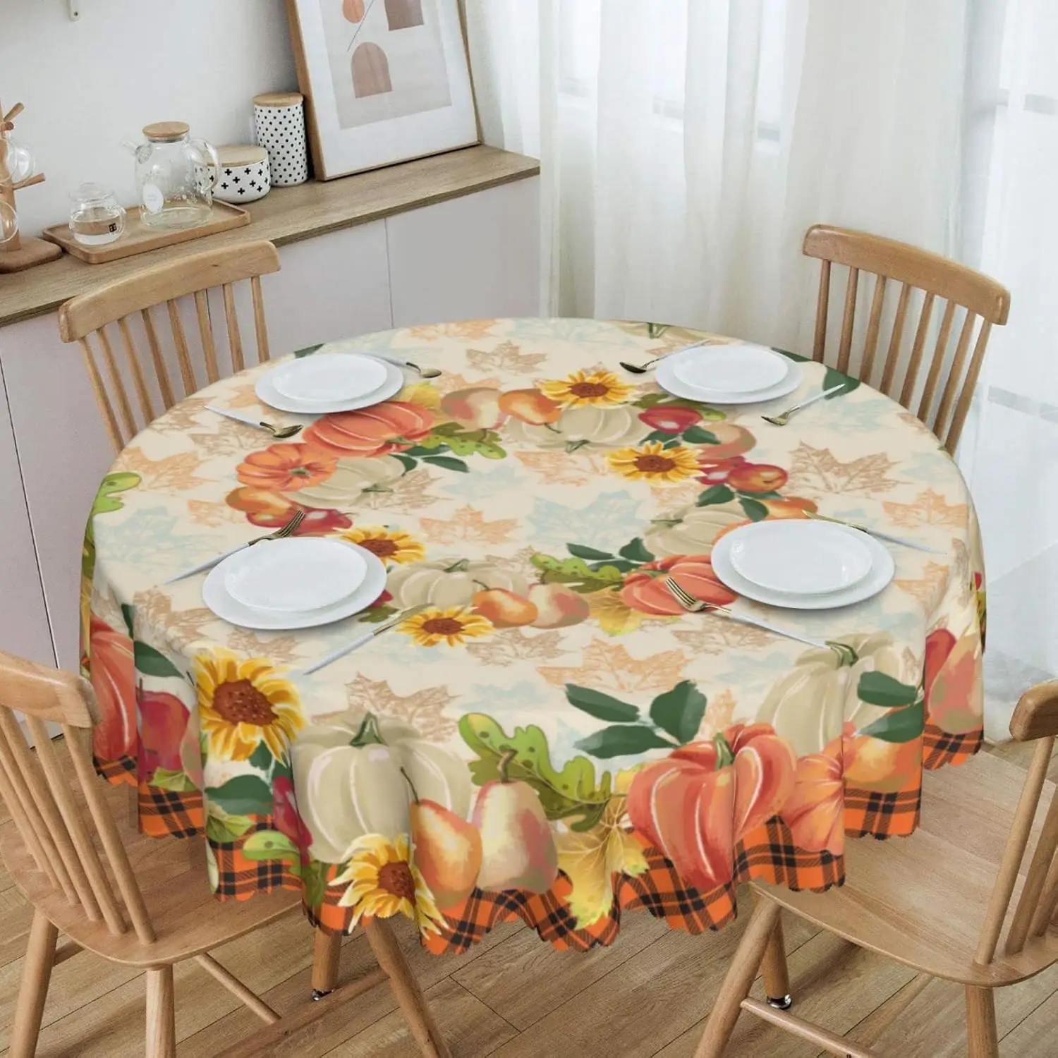 

Fall Autumn Pumpkin Leaf Harvest Thanksgiving Round Tablecloth 60 Inch Dining Wipeable Table Cloth Cover For Holiday Home Picnic